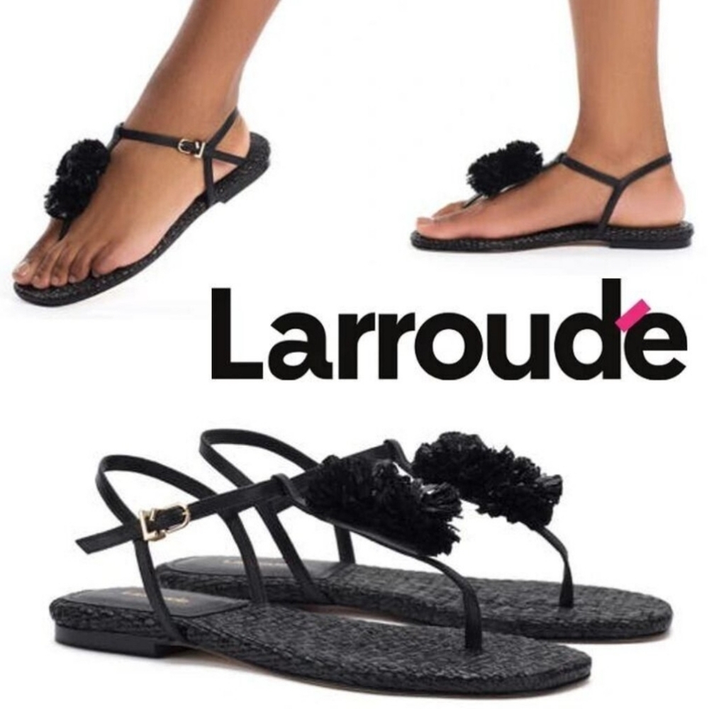 Larroude Black Pom Pom T-Strap Sandals
